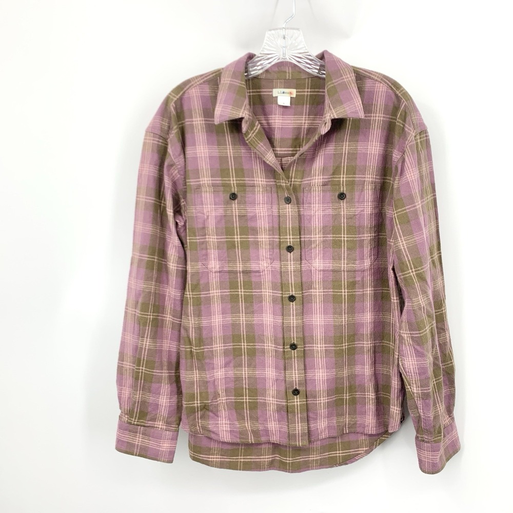 LL Bean Women Size Small Shirt Button Down Top Flannel Purple Brown Plaid Cotton